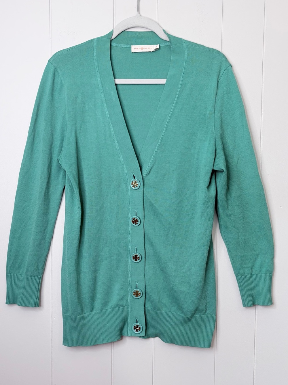 Tory Burch Teal Green Logo Button Cardigan 100% Cotton Resortwear M